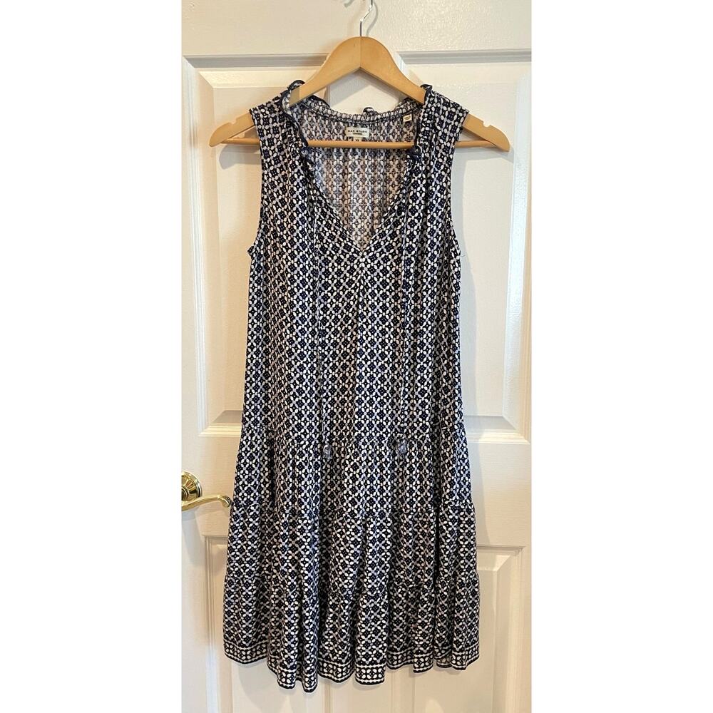 Max Studio Sleeveless Tiered Split Neck Summer Dress Blue Geometric Print XS